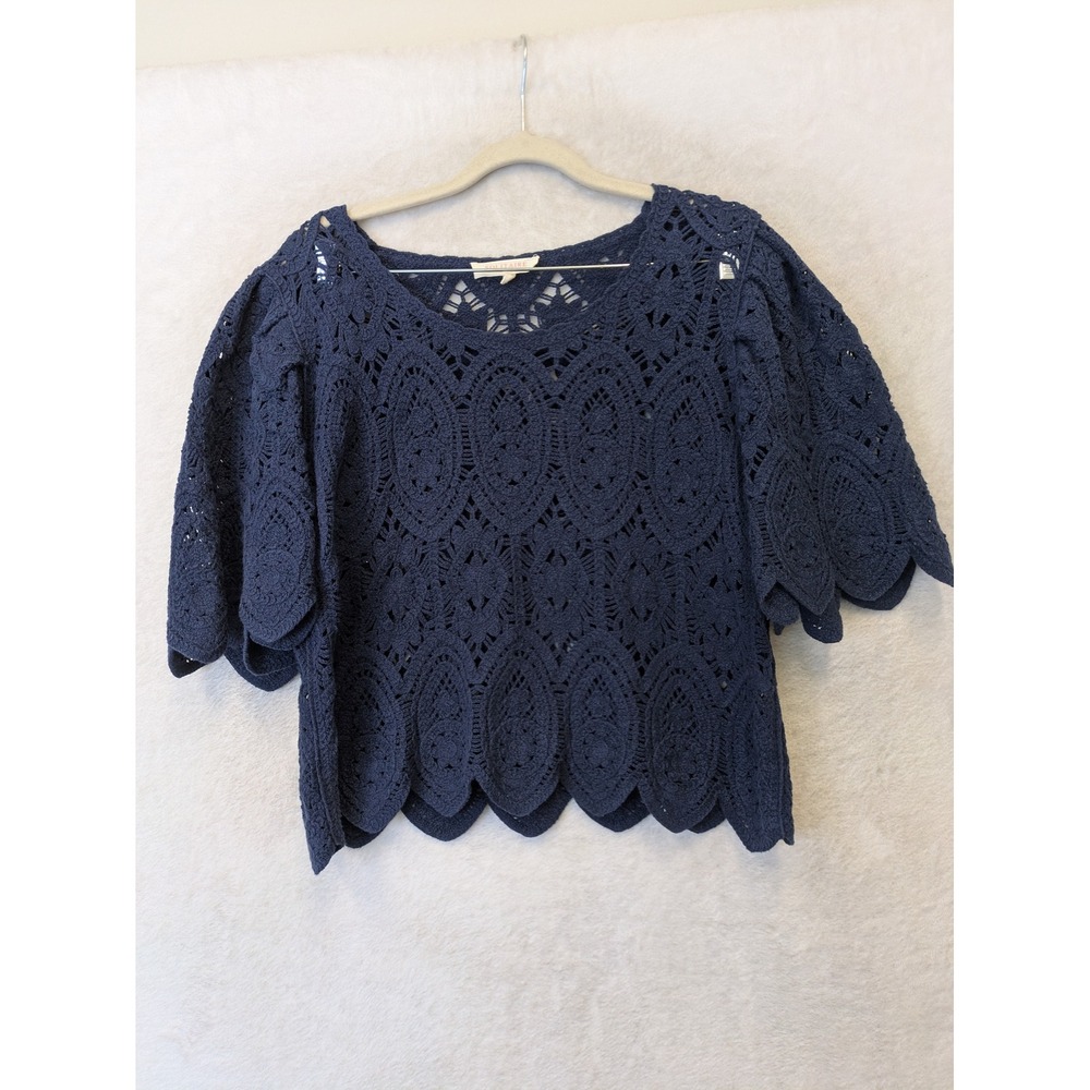 Solitaire Crochet Top Women's Small Navy Blue Boho Medallion Scalloped Hem